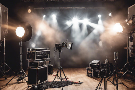 A lit production stage with cameras, flight cases and lighting rigs.